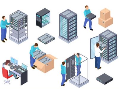 Server room isometric. Information technology server engineer, telecommunication cloud servers, computers and employees vector 3d set. Illustration of room server center, hardware cloud database